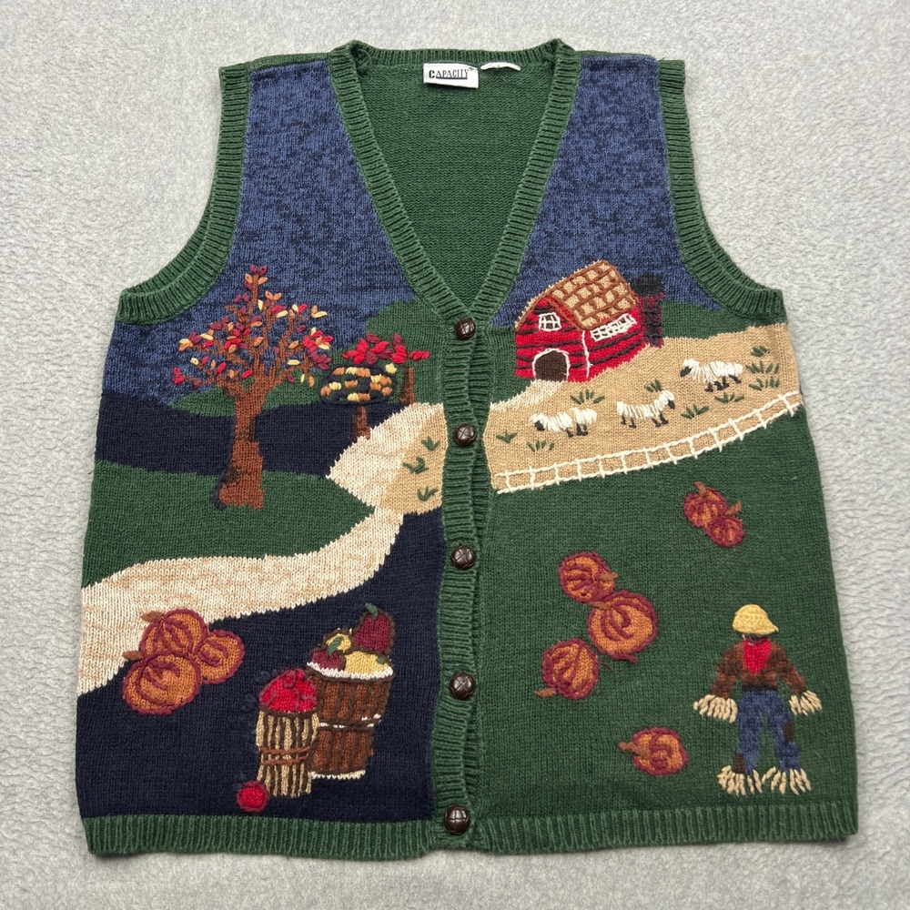 Capacity Sweater Vest Womens Large Green Farm Scene Barn Sheep Scarecrow Knit